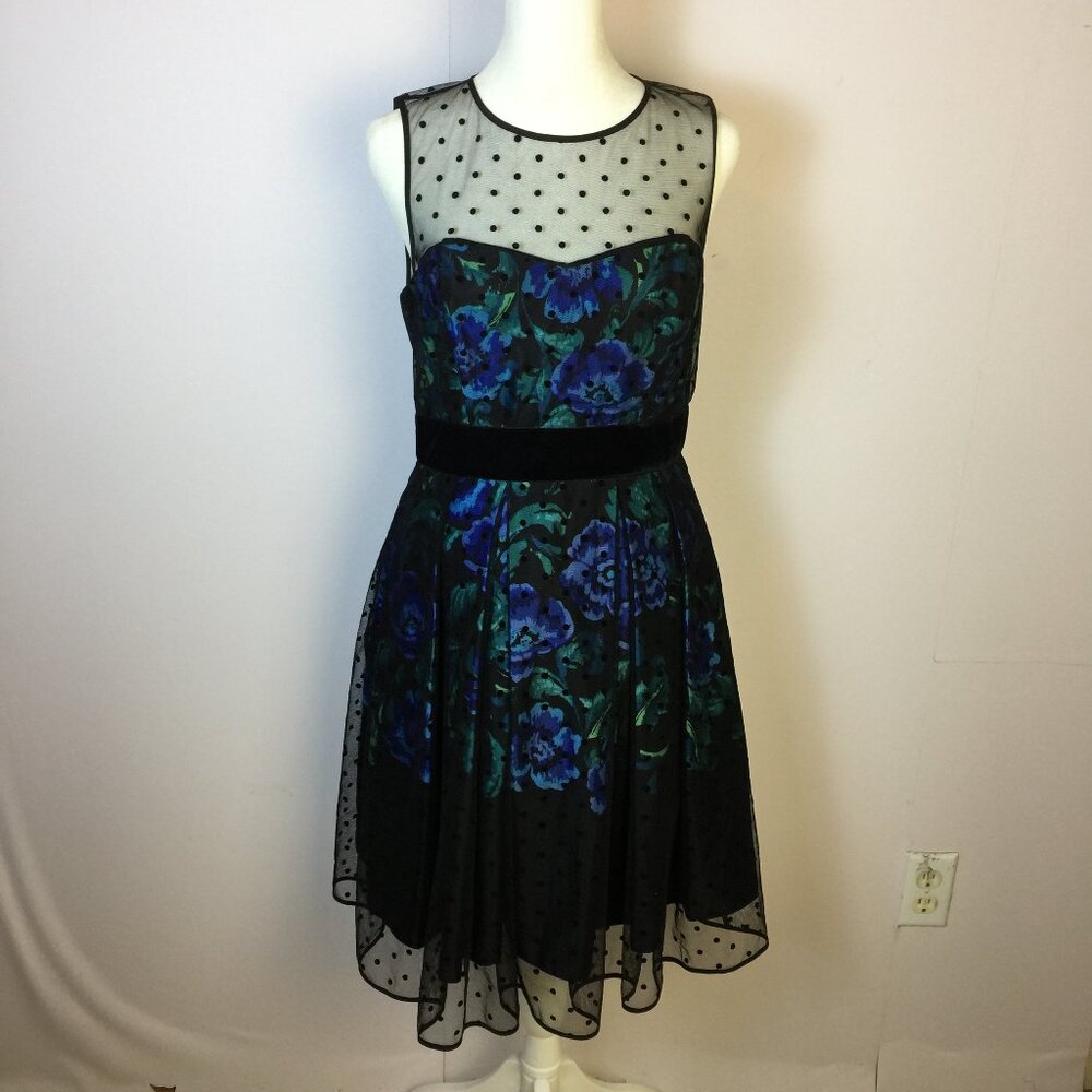 Eliza J Fit & Flare Dress Womens Sz 6 Black Floral Polka Dot Sleeveless Pleated
